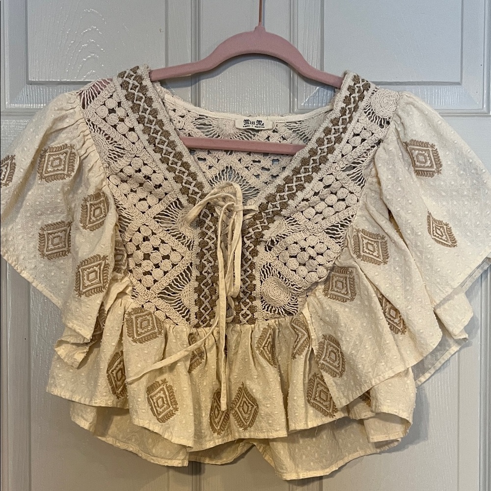 Miss Me Buckle Elegant Cream Lace-Up Bohemian Blouse Xsmall - Picture 5 of 7